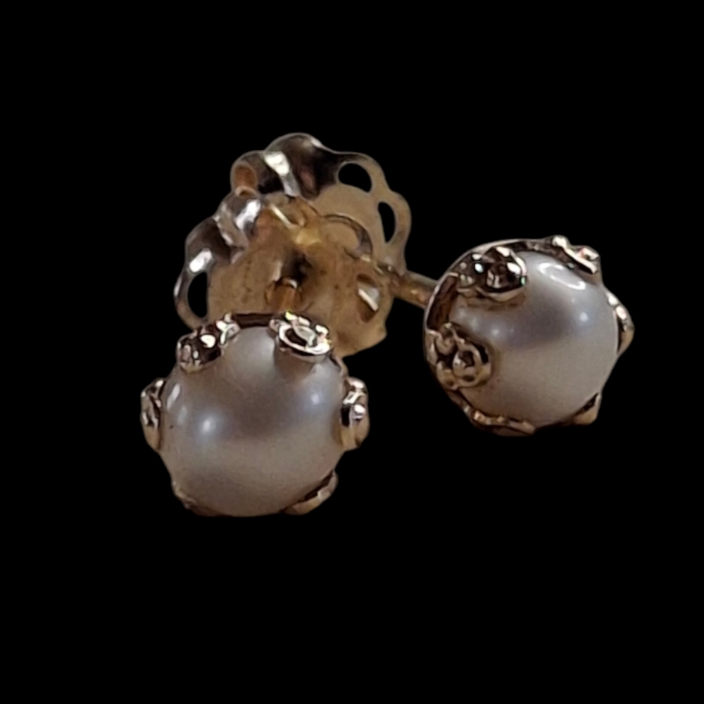 Vintage Diminutive 14k 585 Yellow Gold & Pearl Stud Earrings - Picture 12 of 14